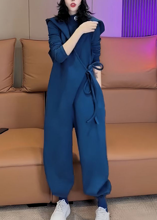 Unique Blue Hooded Lace Up Warm Fleece Jumpsuit Spring YY037