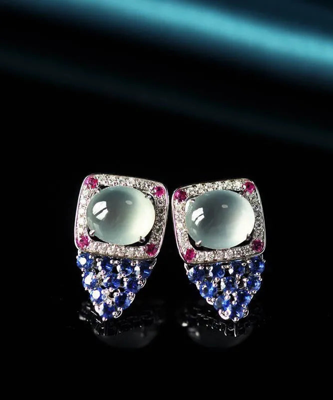 Boucles d'oreilles à tige uniques en argent sterling avec pierres précieuses en zircon bleu incrustées AC1032