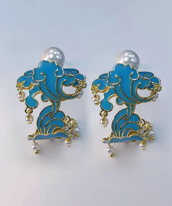 Boucles d'oreilles créoles uniques en argent sterling avec perles émaillées bleues GH1074