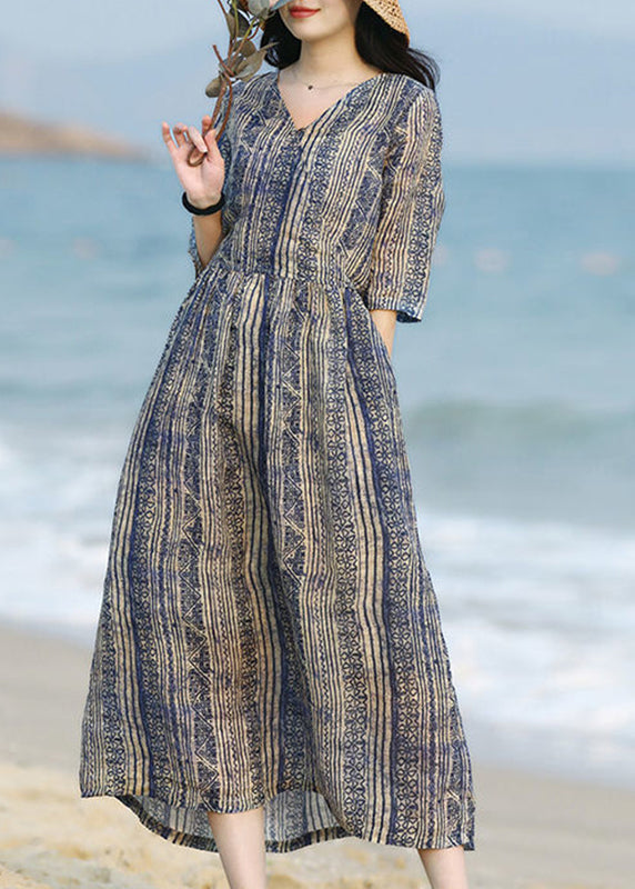 Unique Blue V Neck Print Pockets Cotton Long Dresses Summer LK014