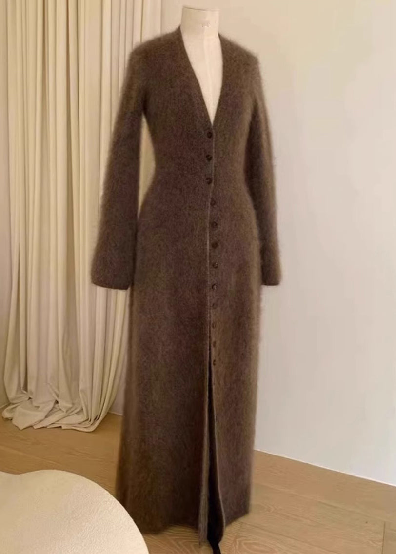 Einzigartige braune Strickjacke mit V-Ausschnitt und Knöpfen aus Nerzhaar, Herbst, RL009
