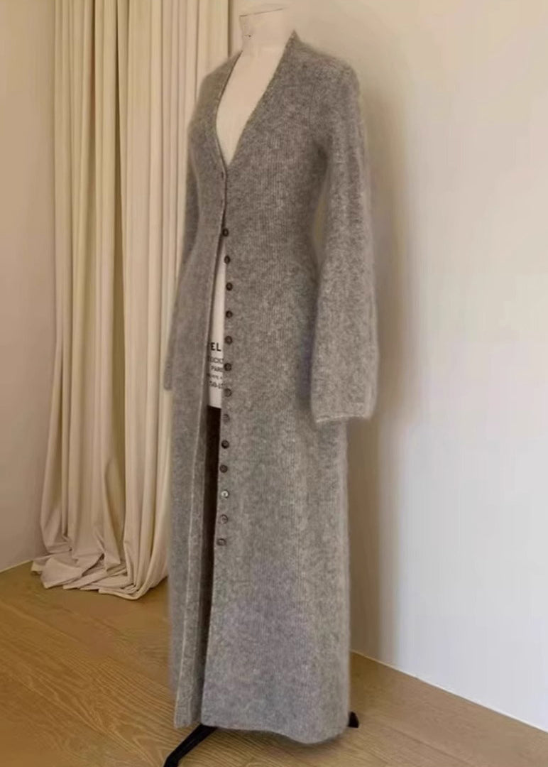 Einzigartige braune Strickjacke mit V-Ausschnitt und Knöpfen aus Nerzhaar, Herbst, RL009