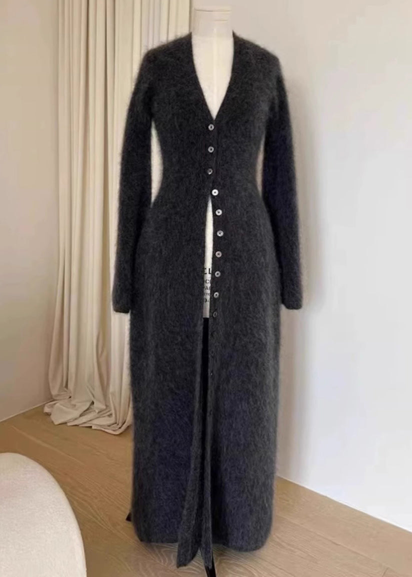 Einzigartige braune Strickjacke mit V-Ausschnitt und Knöpfen aus Nerzhaar, Herbst, RL009