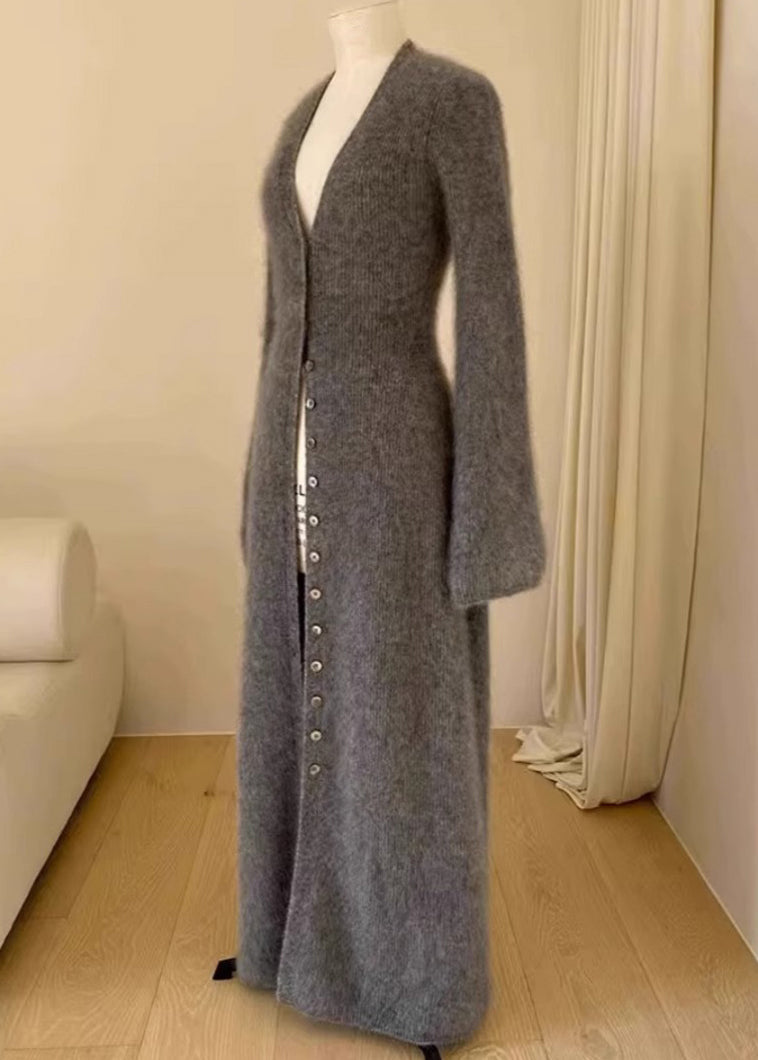 Einzigartige braune Strickjacke mit V-Ausschnitt und Knöpfen aus Nerzhaar, Herbst, RL009