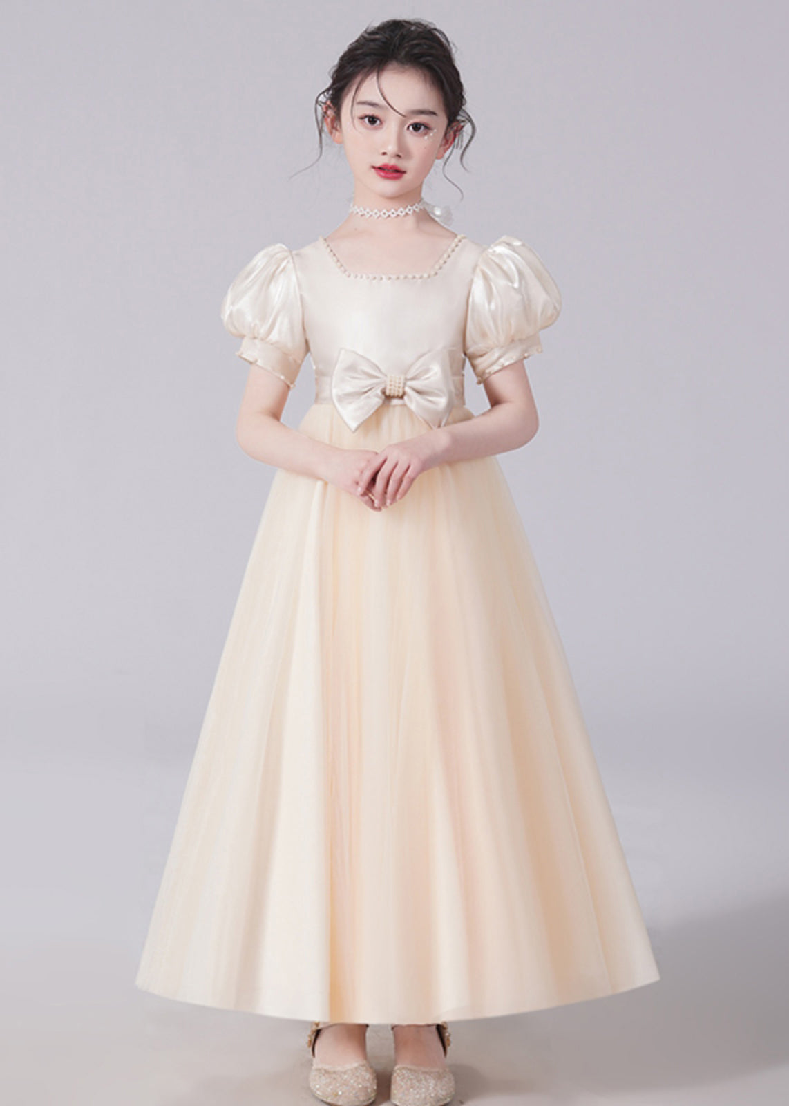 Unique Champagne Bow Nail bead Tulle Girls Long Dresses Short Sleeve XZ025