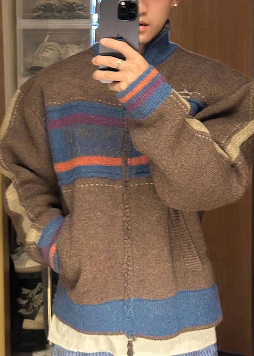 Unique Kaffeefarbene gestreifte Patchwork-Strickjacke für Herren mit Reißverschluss, Frühling TK003