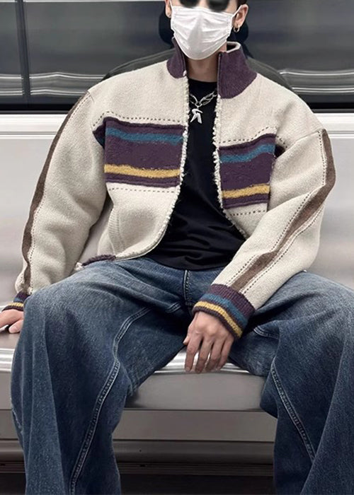 Unique Kaffeefarbene gestreifte Patchwork-Strickjacke für Herren mit Reißverschluss, Frühling TK003