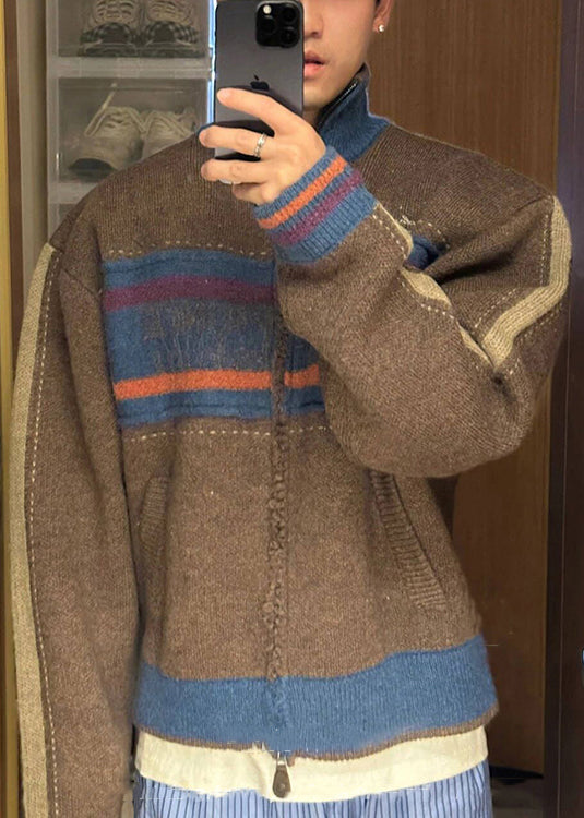 Unique Kaffeefarbene gestreifte Patchwork-Strickjacke für Herren mit Reißverschluss, Frühling TK003