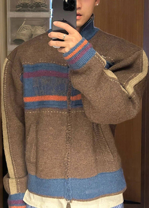 Unique Kaffeefarbene gestreifte Patchwork-Strickjacke für Herren mit Reißverschluss, Frühling TK003
