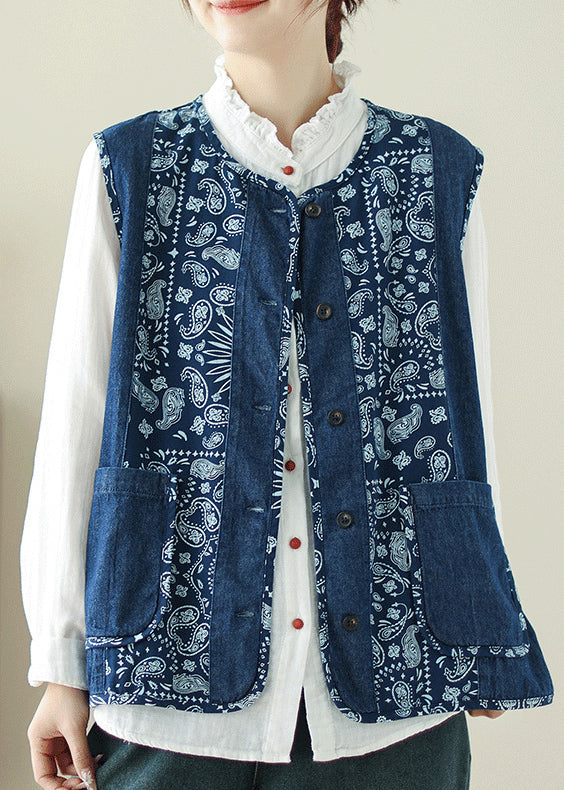 Gilet en denim bleu unique avec poches et col rond imprimé printemps VB1064