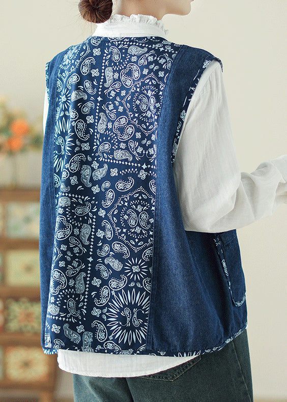 Gilet en denim bleu unique avec poches et col rond imprimé printemps VB1064