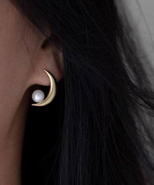 Sterling Gold Unique Asymmetrical Pearl Silver Overgild Hoop Moon