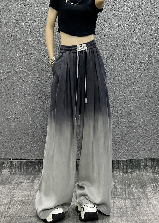 Unique Gradient Grey Pockets Drawstring Cotton Wide Leg Pants Fall RI009