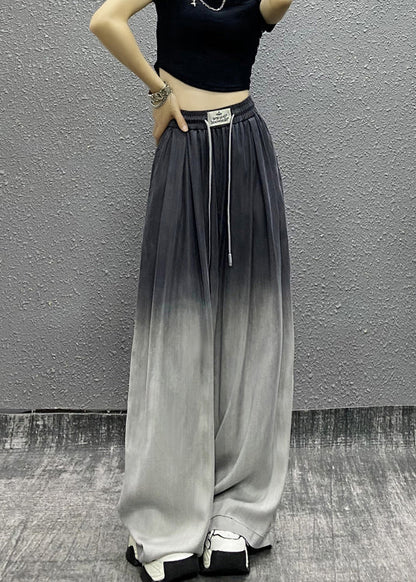 Unique Gradient Grey Pockets Drawstring Cotton Wide Leg Pants Fall RI009