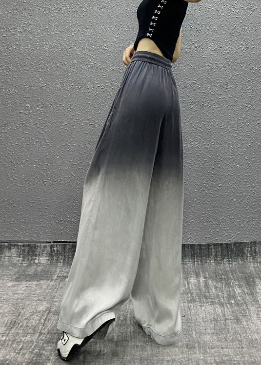 Unique Gradient Grey Pockets Drawstring Cotton Wide Leg Pants Fall RI009