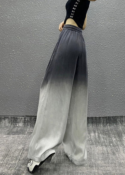 Unique Gradient Grey Pockets Drawstring Cotton Wide Leg Pants Fall RI009