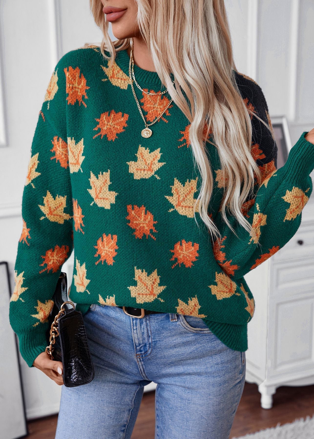 Unique Green O Neck Jacquard Thick Knit Sweaters Fall QY037