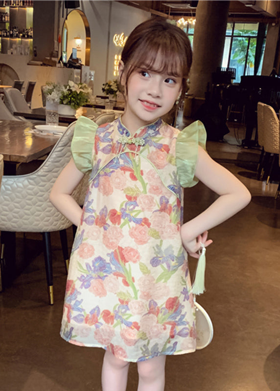 Robe mi-longue à imprimé floral vert unique pour filles, sans manches, MN028