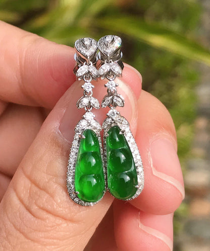 Unique Green Sterling Silver Inlaid Zircon Jade Peanut Drop Earrings AC1067