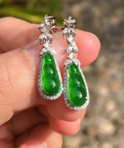 Unique Green Sterling Silver Inlaid Zircon Jade Peanut Drop Earrings AC1067