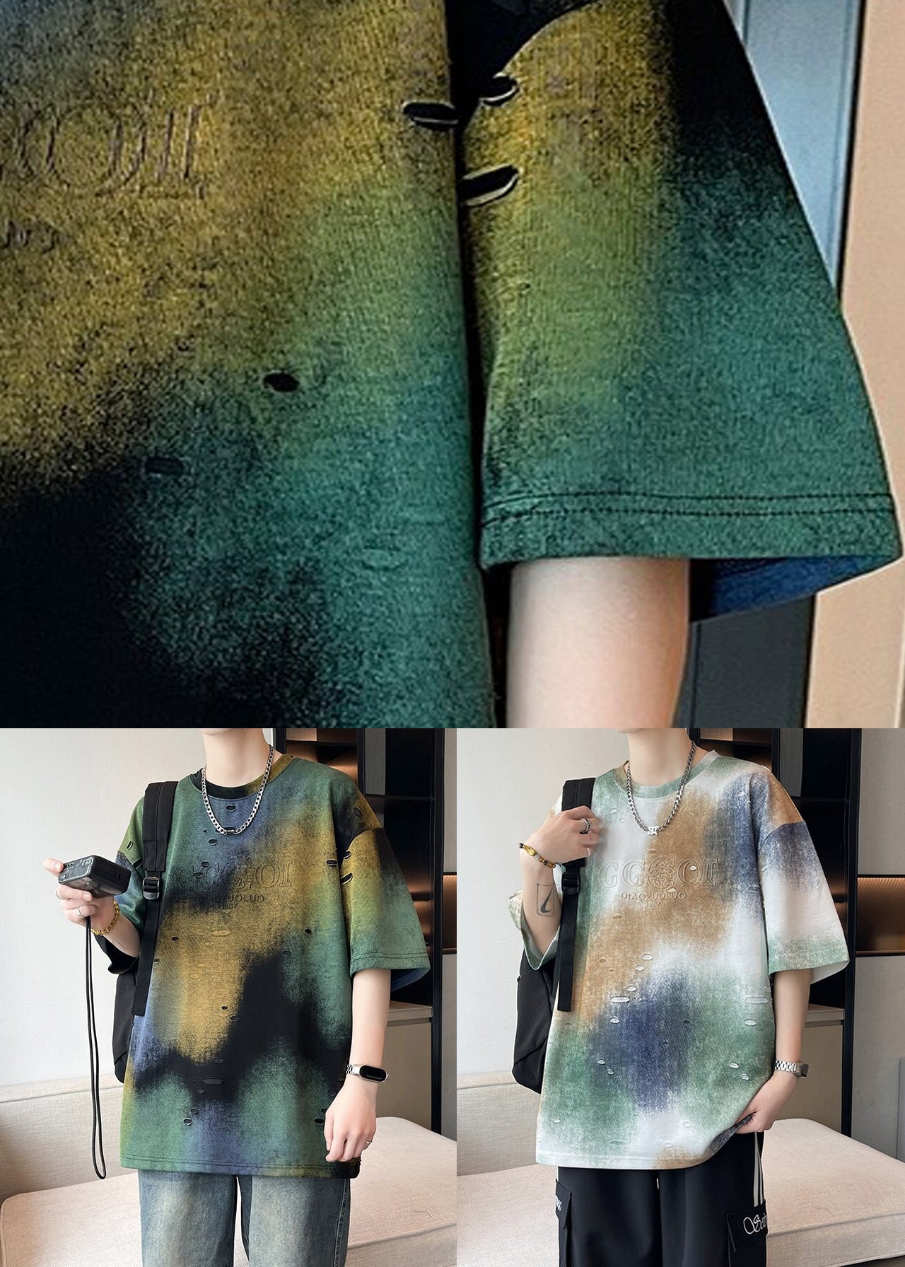 Men Dye Unique T Tie Summer Shirt Green Hole Cotton