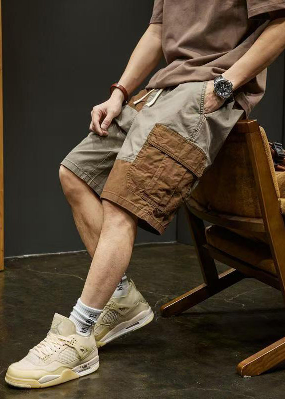 Unique Pockets Elastic Shorts Grey Cotton Waist Patchwork Men