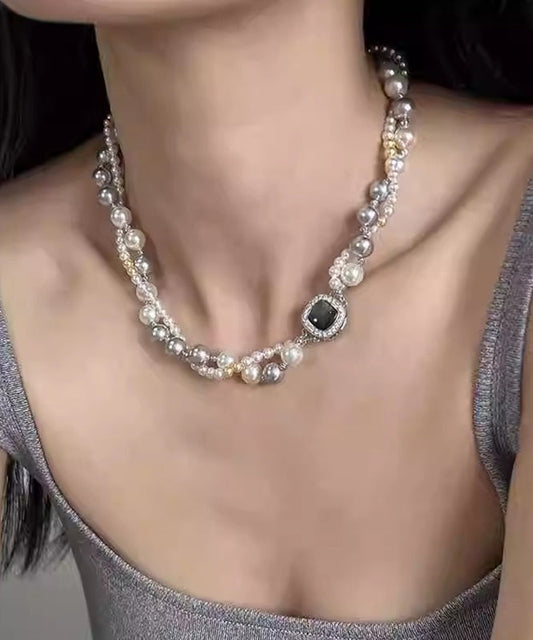 Unique Grey Sterling Silver Alloy Zircon Double Layer Pearl Gratuated Bead Necklace QJ038