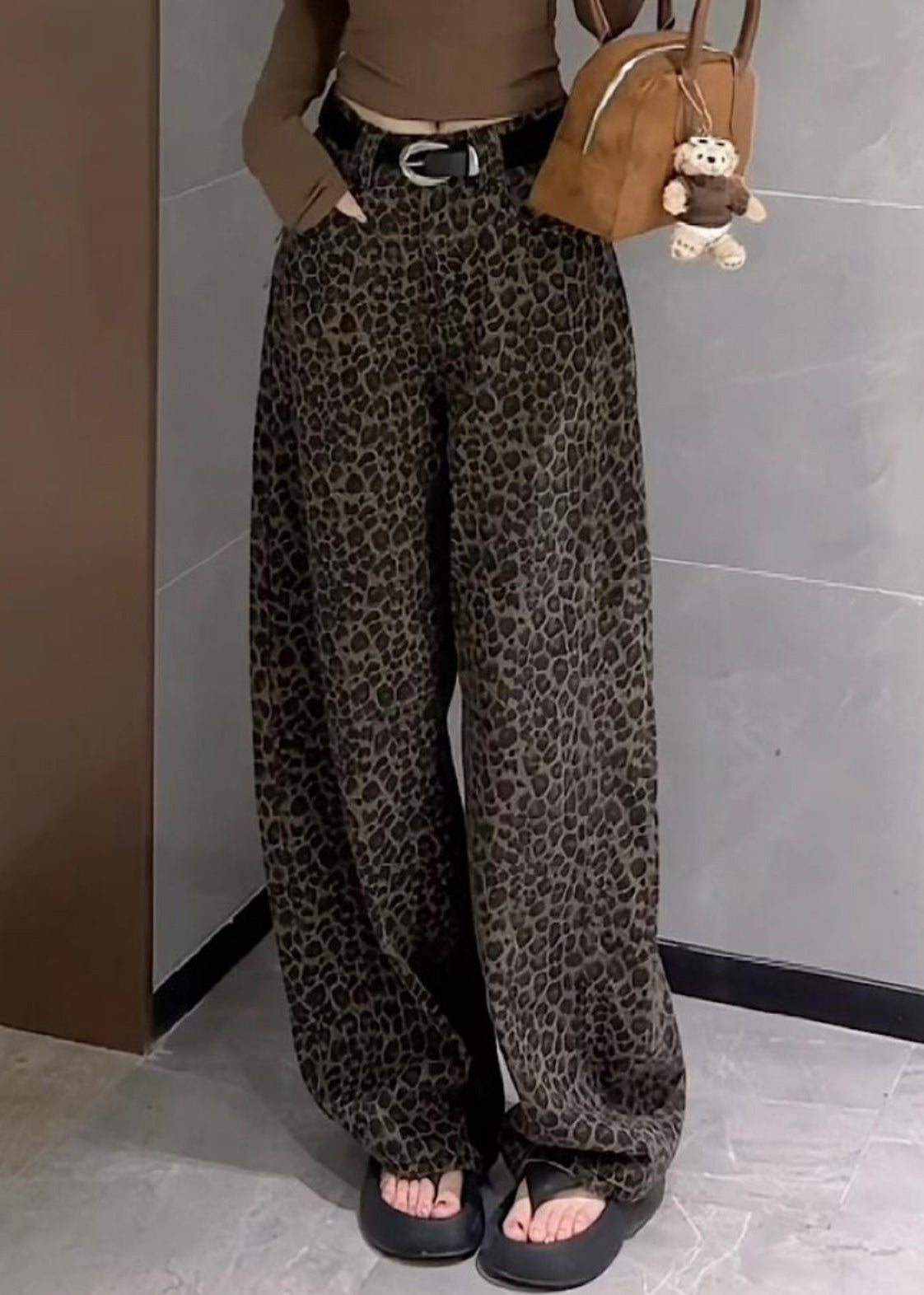 Pants Denim Waist Pockets Leopard Wide Leg High Fall Unique