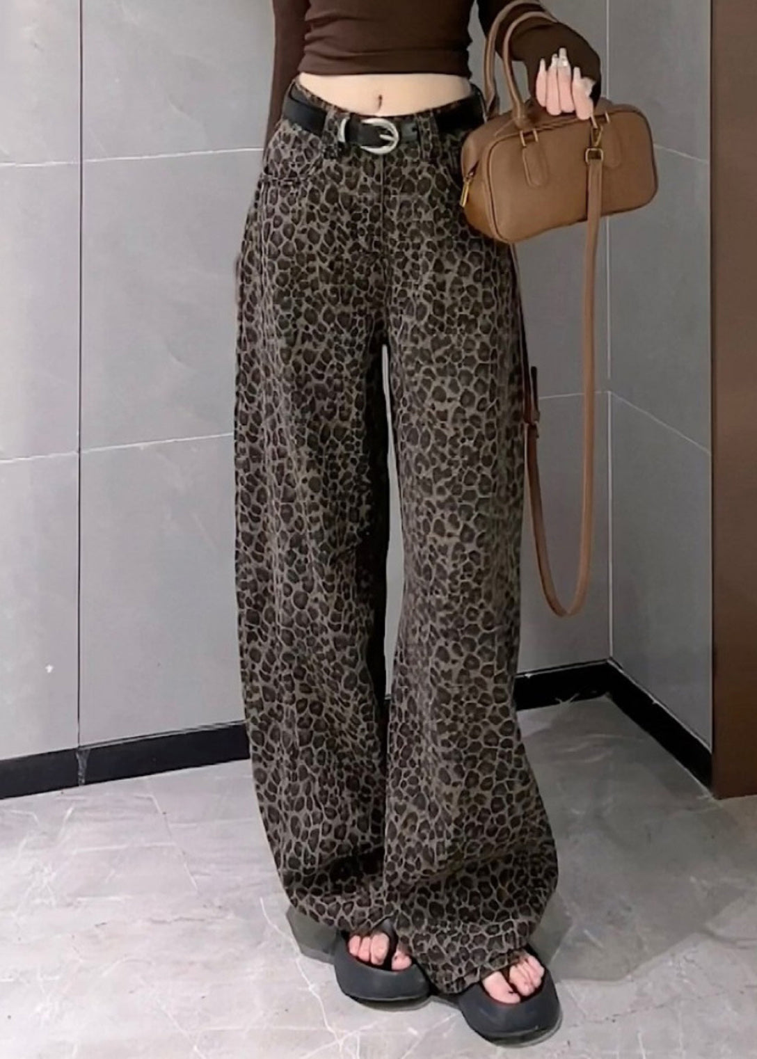 Pants Denim Waist Pockets Leopard Wide Leg High Fall Unique