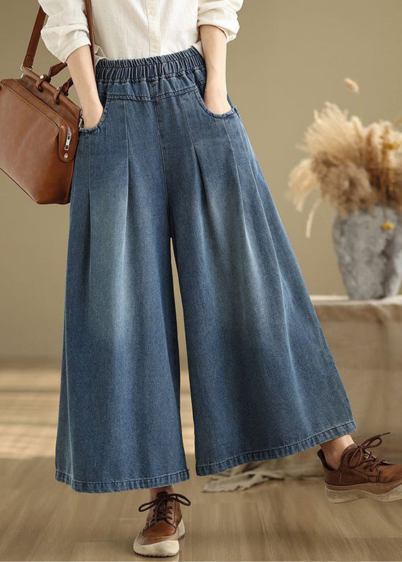 Pantalon d'été large à taille élastique bleu marine en denim froissé unique