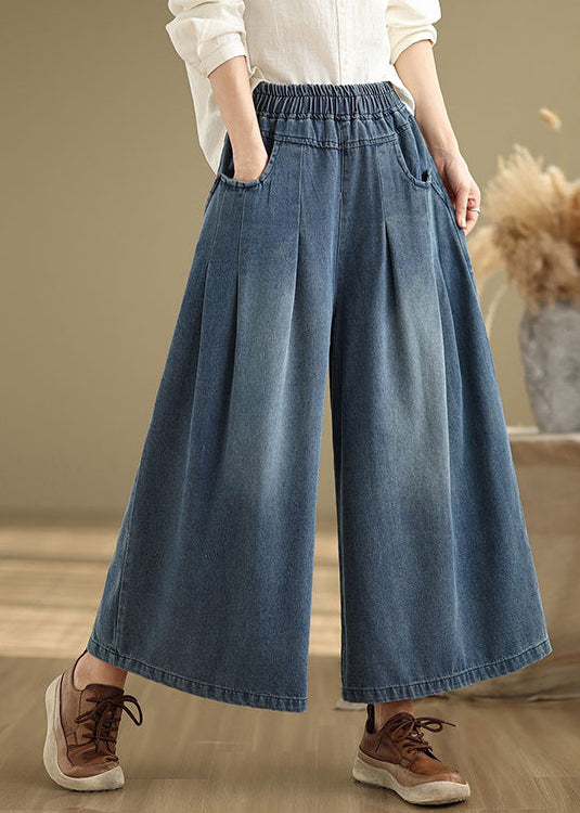 Pantalon d'été large à taille élastique bleu marine en denim froissé unique