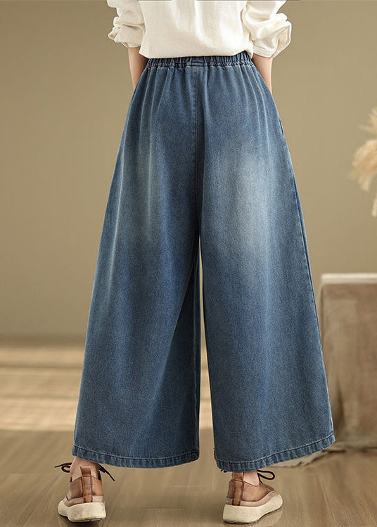 Pantalon d'été large à taille élastique bleu marine en denim froissé unique