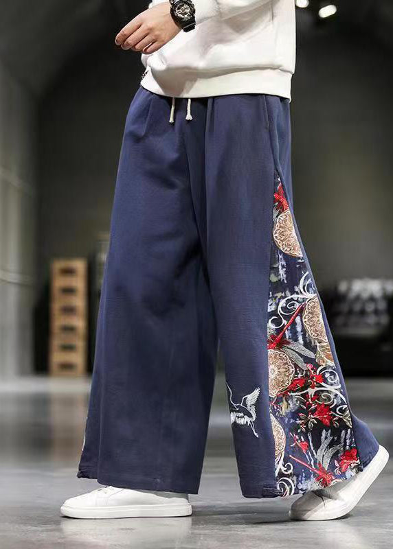 Unique Navy Embroideried Patchwork Cotton Men Wide Leg Pants Summer SA055