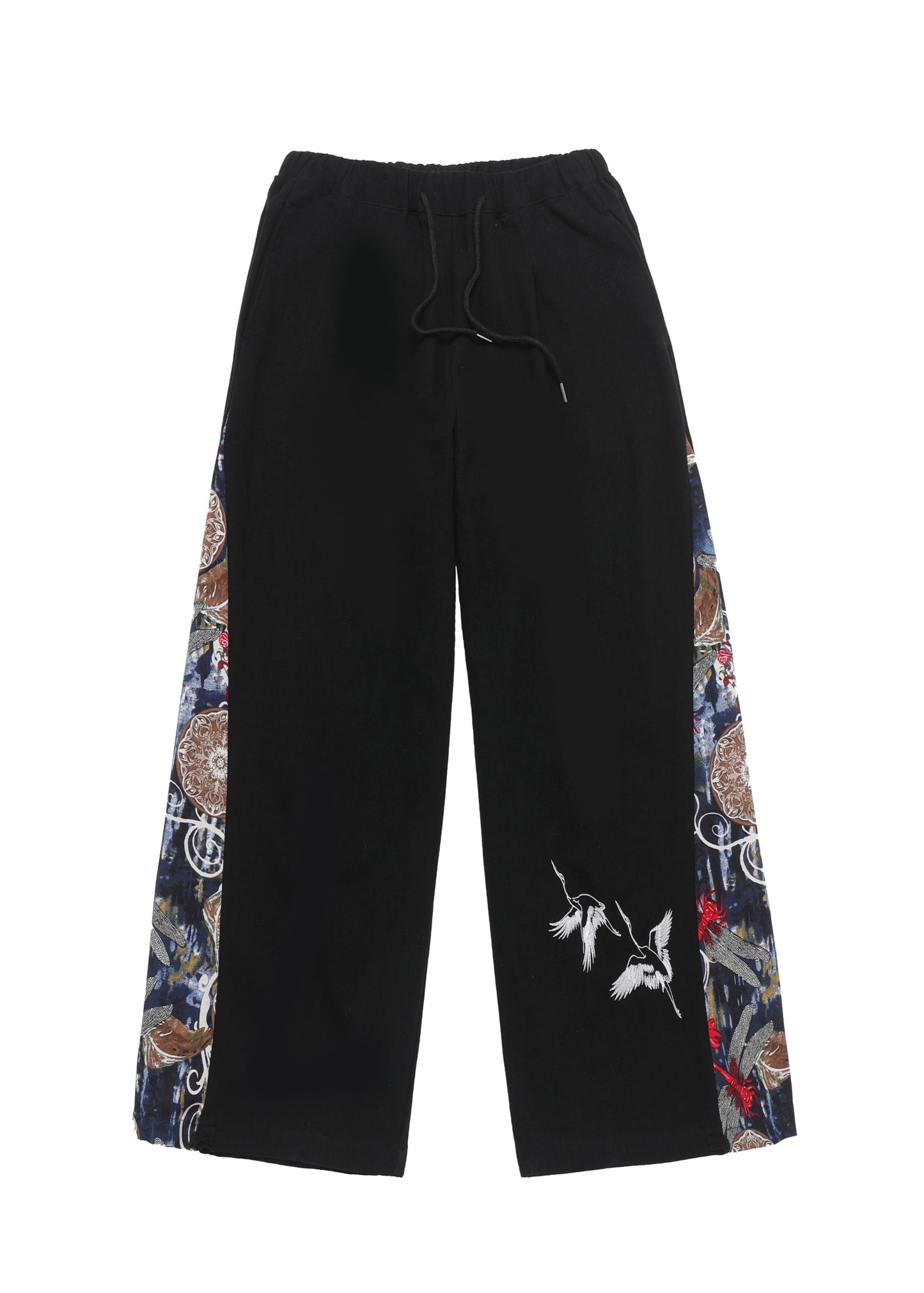 Unique Navy Embroideried Patchwork Cotton Men Wide Leg Pants Summer SA055