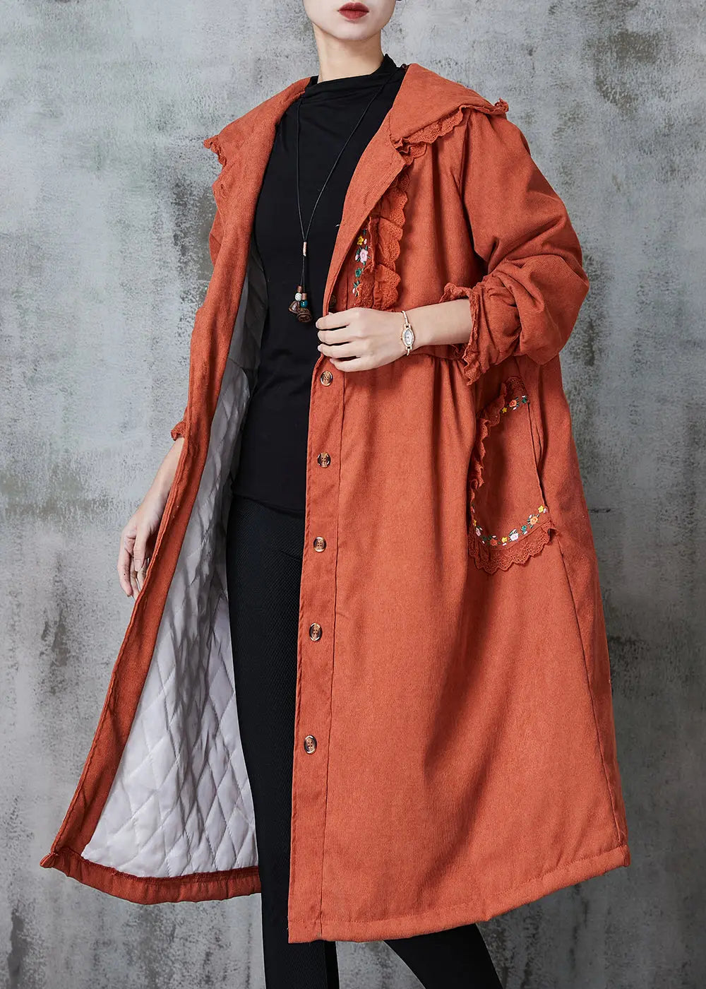 Unique Orange Embroidered Patchwork Lace Fine Cotton Filled Trench Spring Ada Fashion