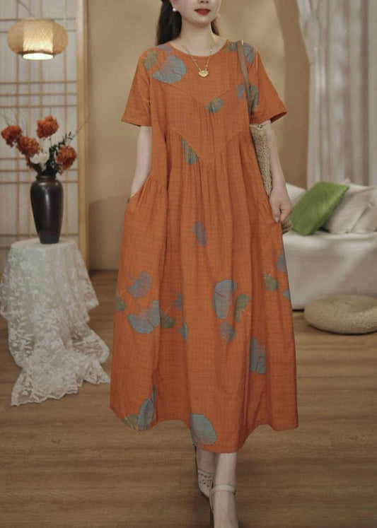 Robes d'été surdimensionnées en coton orange uniques, imprimées maxi