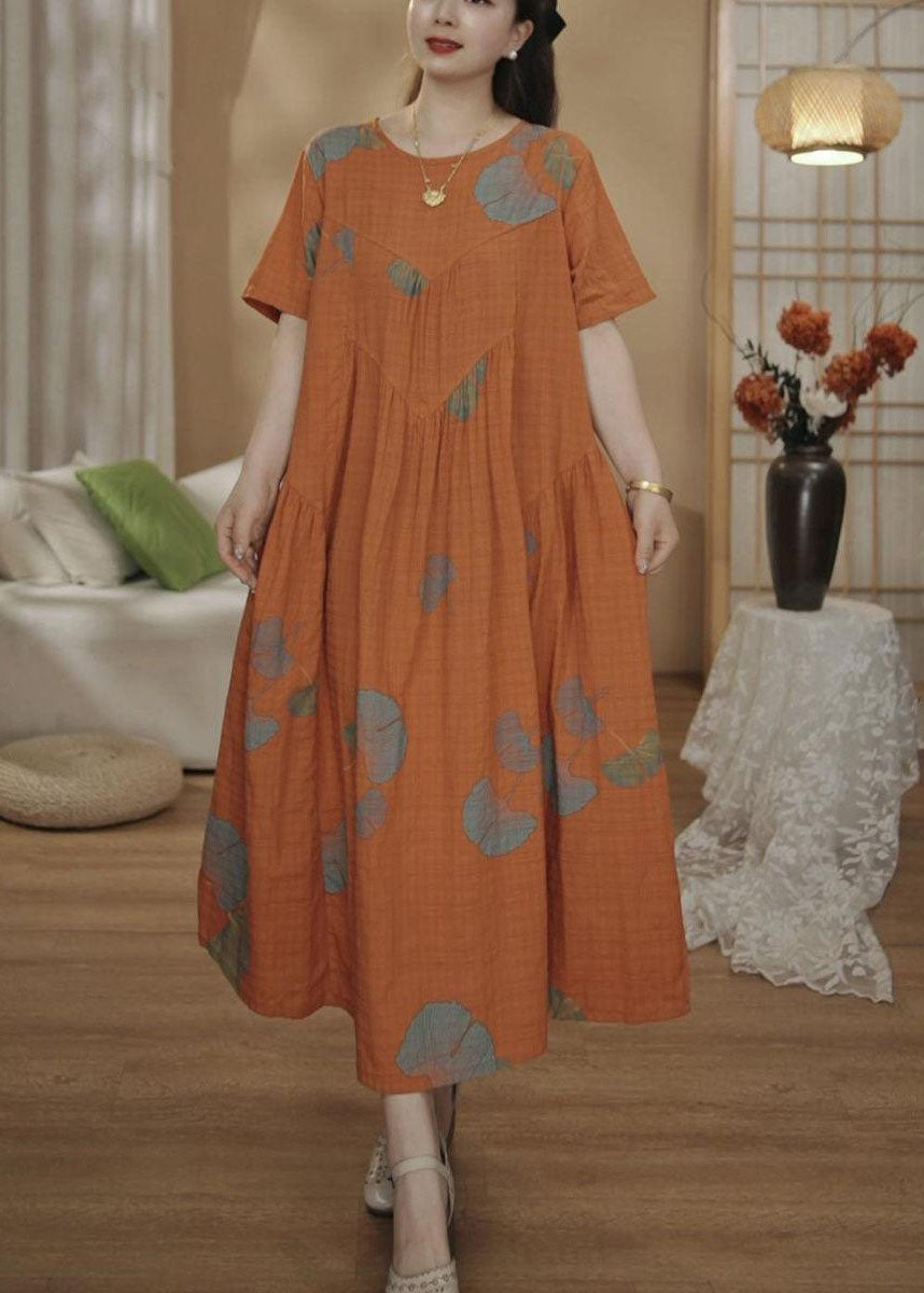 Oversized Dresses Cotton Summer Print Maxi Unique Orange