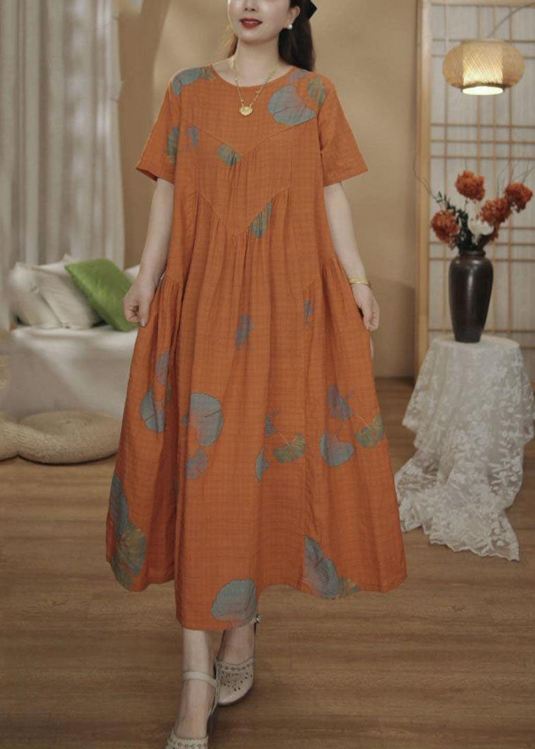 Oversized Dresses Cotton Summer Print Maxi Unique Orange