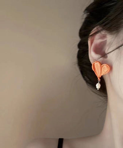 Unique Orange Paint Asymmetric Pearl Stud Earrings PO040