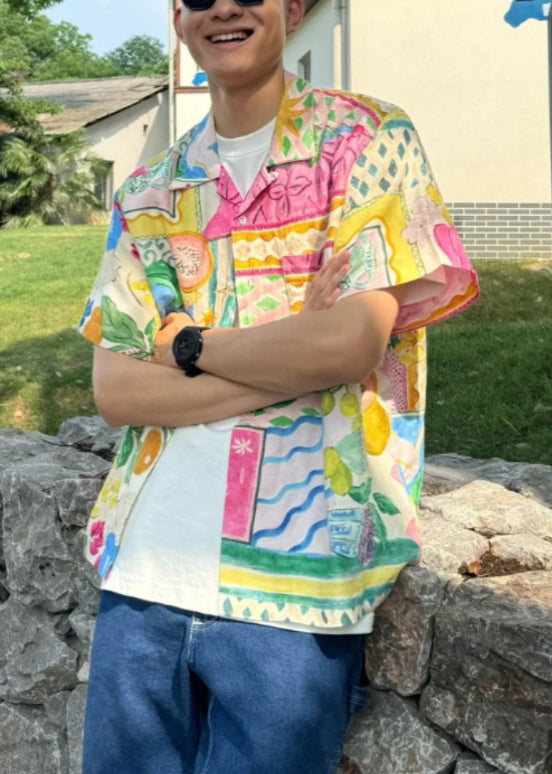 Chemises uniques pour hommes en coton imprimé Pan, col Peter, bouton d'été