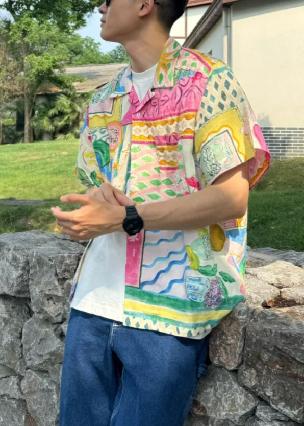 Chemises uniques pour hommes en coton imprimé Pan, col Peter, bouton d'été