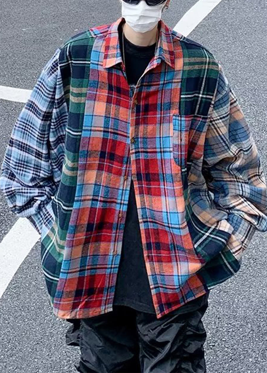 Frühling Männer Plaid Baumwolle Shirts Einzigartige Peter Kragen Pan Patchwork