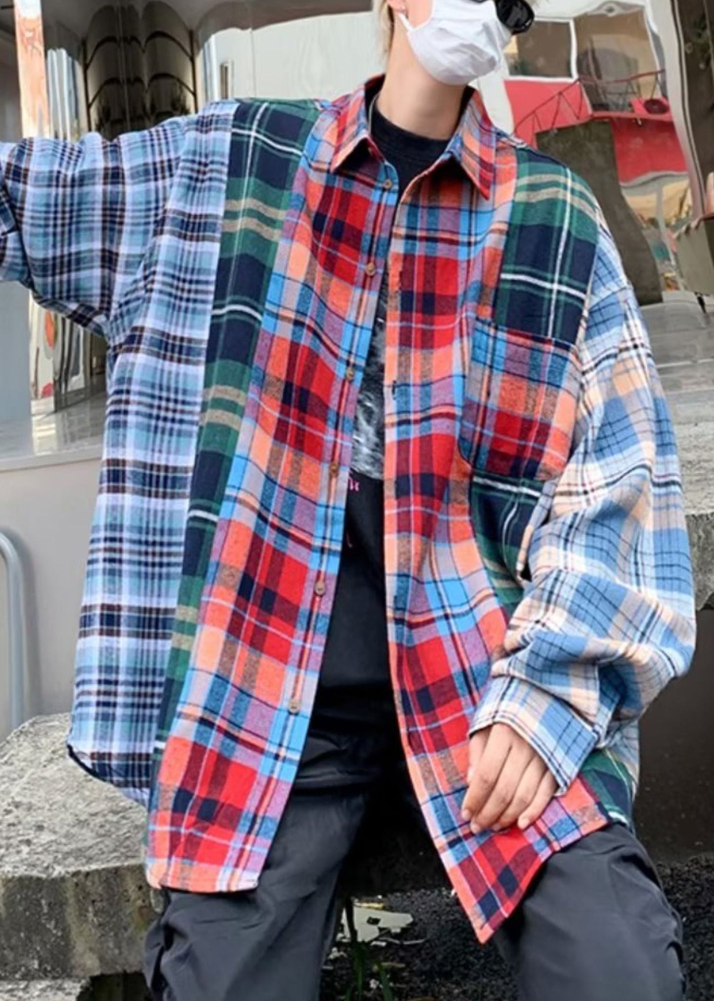 Frühling Männer Plaid Baumwolle Shirts Einzigartige Peter Kragen Pan Patchwork