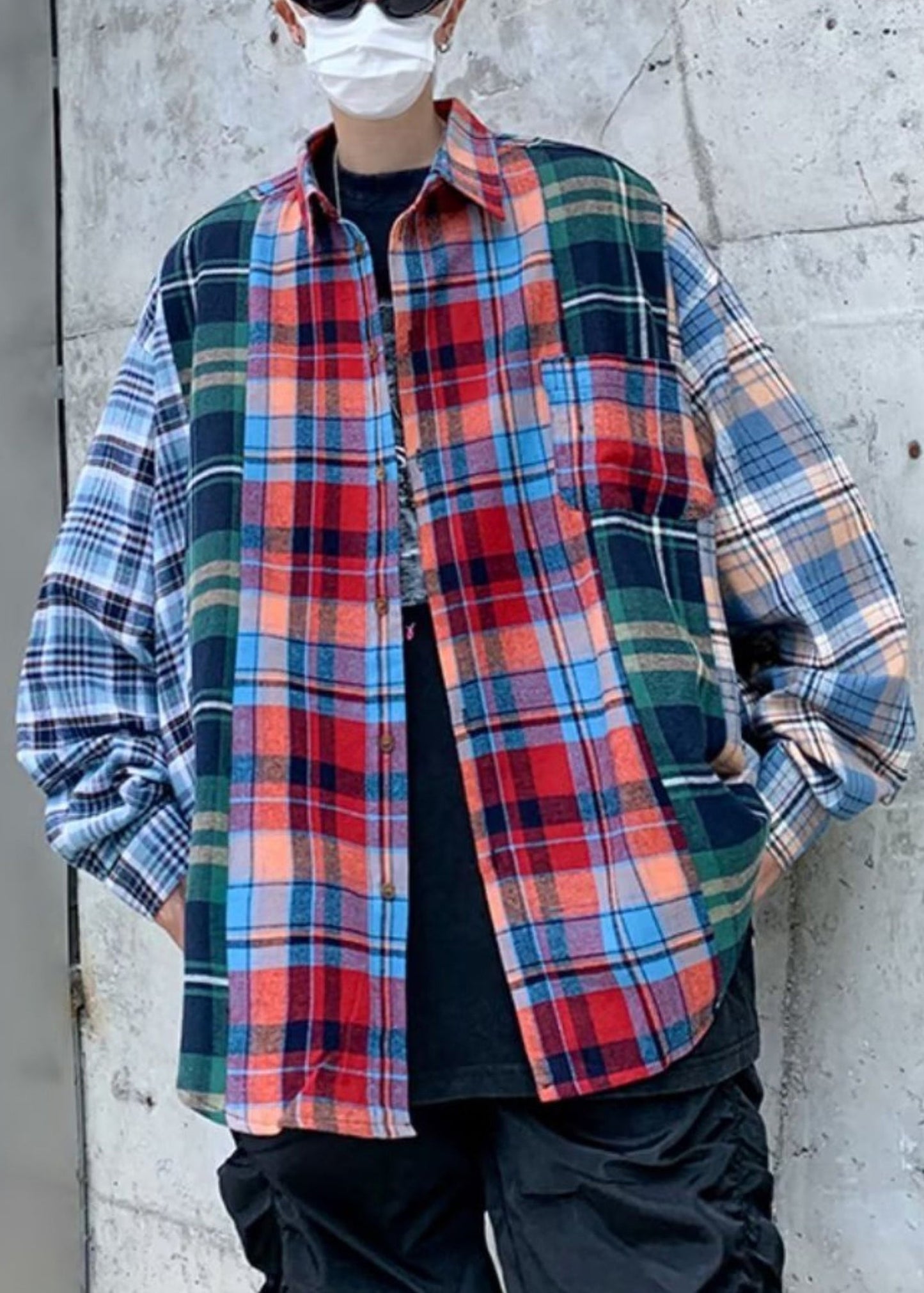 Frühling Männer Plaid Baumwolle Shirts Einzigartige Peter Kragen Pan Patchwork