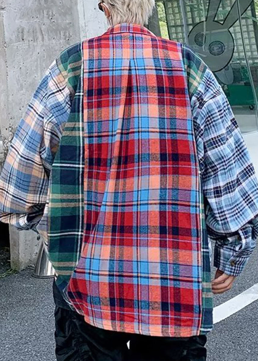 Frühling Männer Plaid Baumwolle Shirts Einzigartige Peter Kragen Pan Patchwork