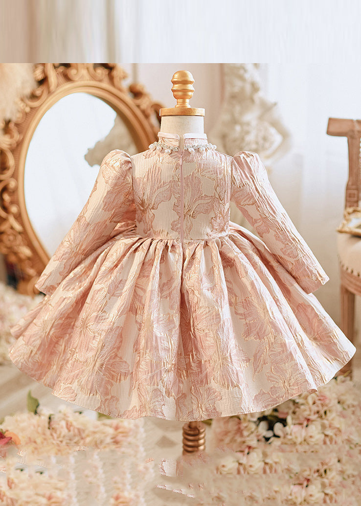 Unique Pink Bow Patchwork Pearl Thick Girls Maxi Dress Puff Sleeve RP038