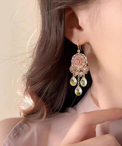 Unique Pink Copper Alloy Crystal Tassel Drop Earrings QZ013