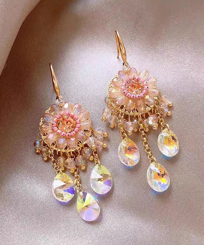 Unique Pink Copper Alloy Crystal Tassel Drop Earrings QZ013