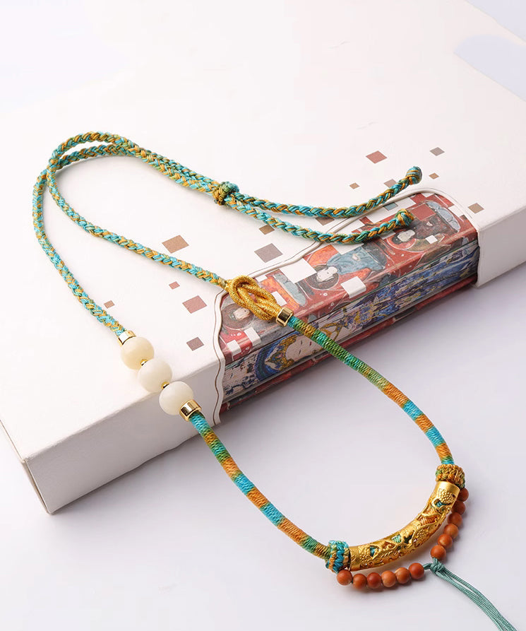 Unique Pink Copper Overgild Jade Beading Tassel Pendant Necklace KX1007