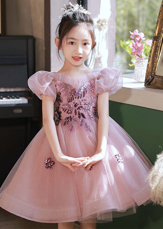 Unique Rosa Pailletten Patchwork Tüll Kinder Langes Kleid Puffärmel YE004